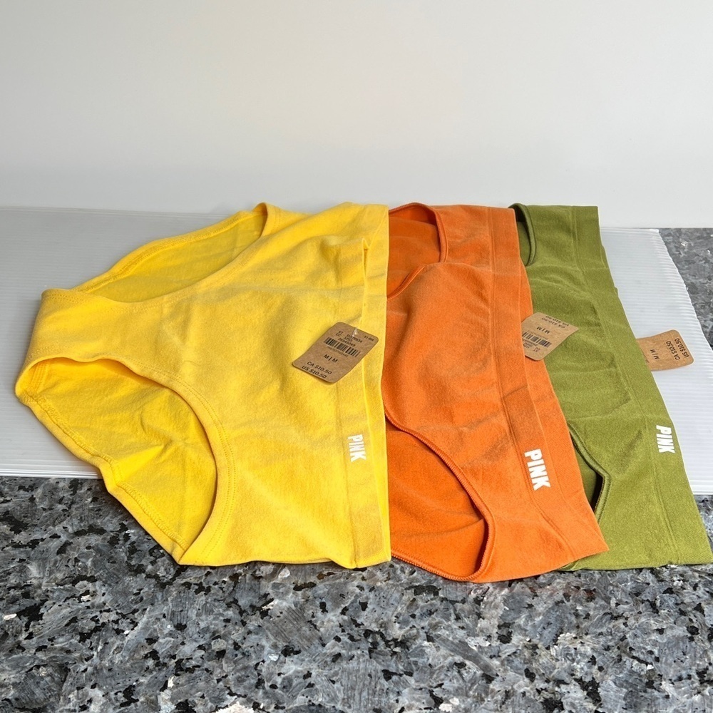 Victoria Secret Pink Lot of 3 Sz M Orange Green Yellow Briefs Panties New w/Tags